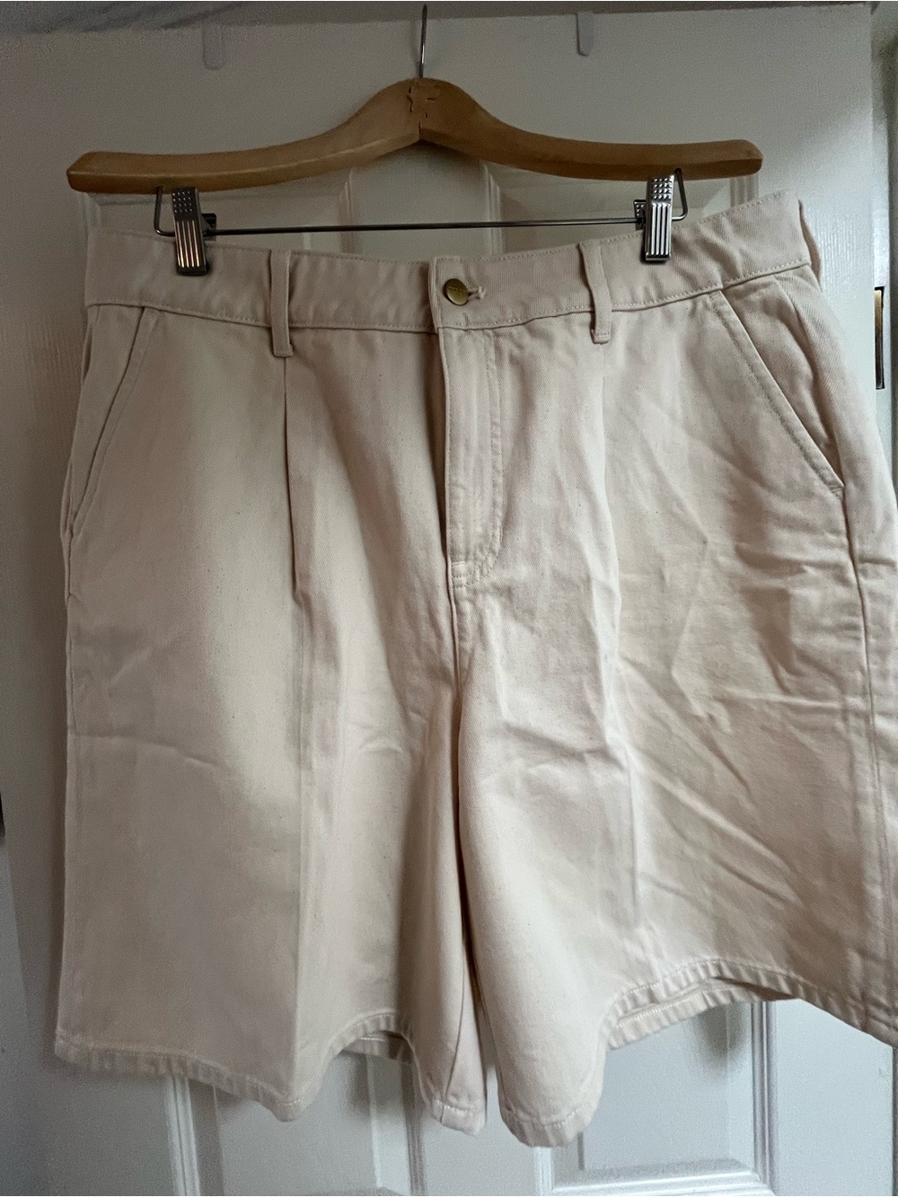 J. Crew Cream DenimHigh-Rise Bermuda Shorts with Front Pleats